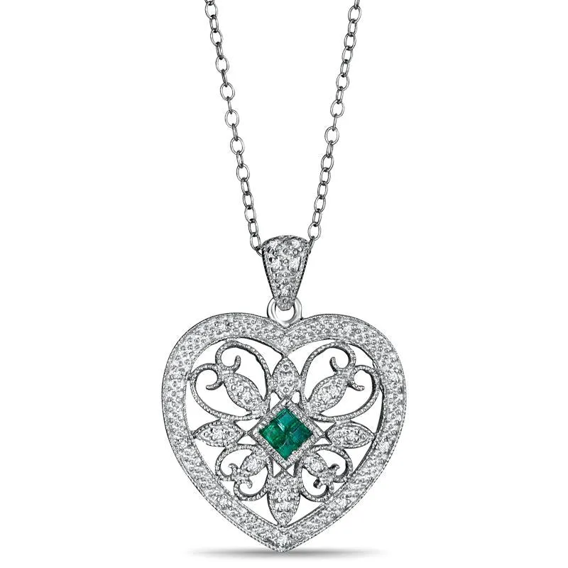 0.17ct Emerald and 0.08ct Diamond Heart Pendant in 925 sterling silver (PB2895AED)