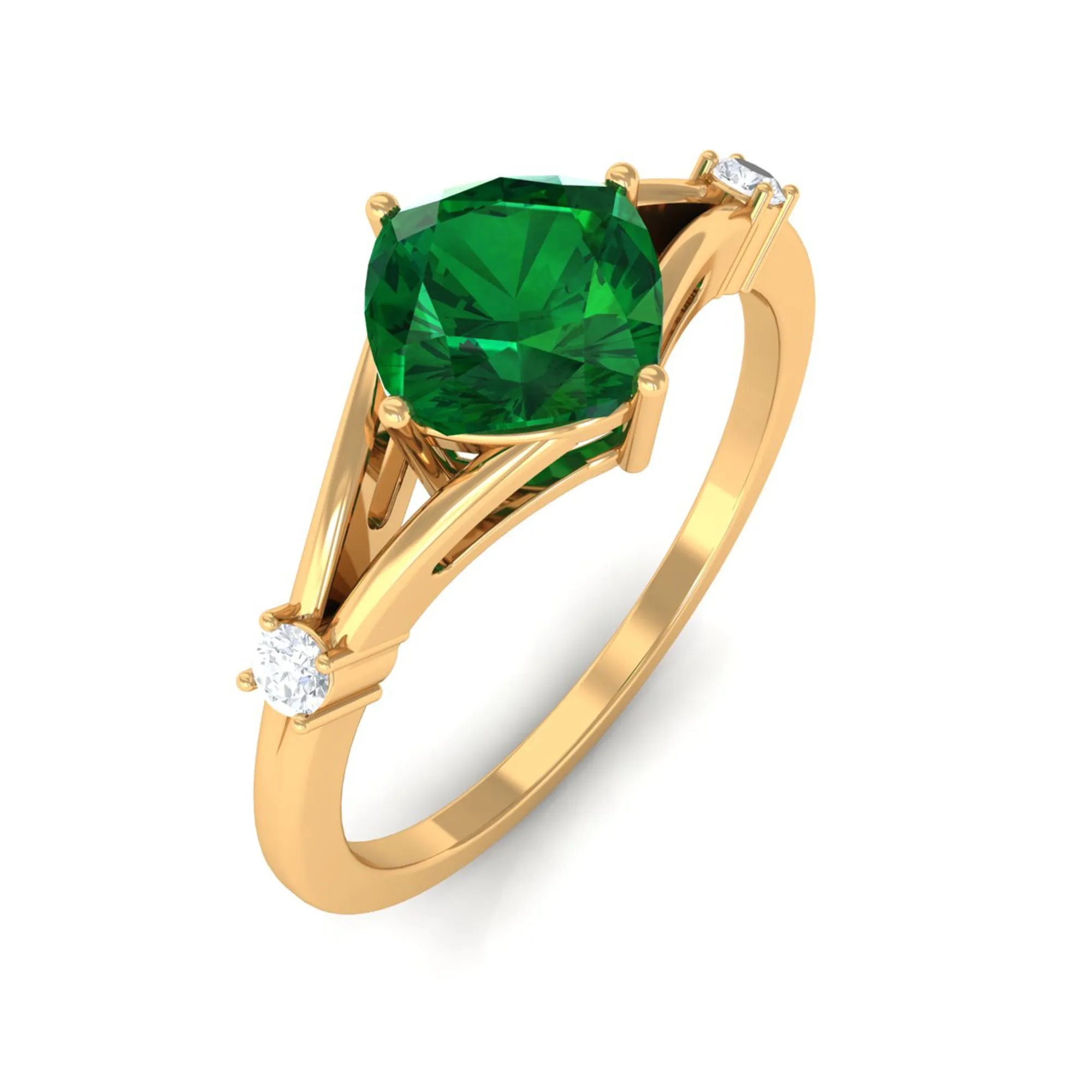 1 CT Cushion Cut Created Emerald Engagement Ring with Diamond in Split Shank