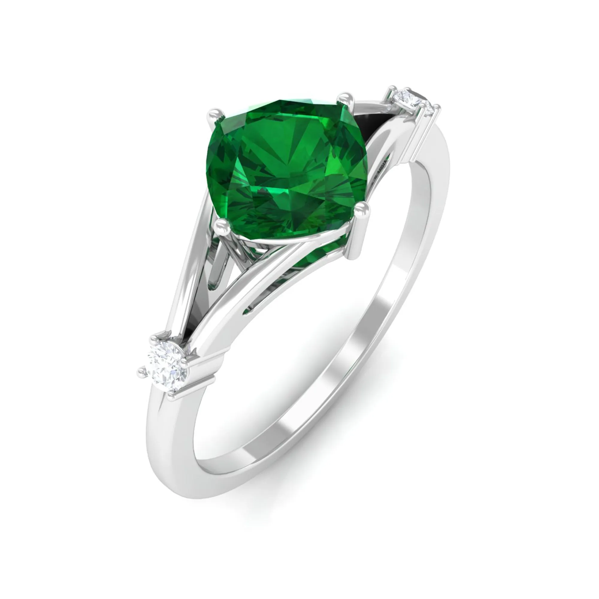 1 CT Cushion Cut Created Emerald Engagement Ring with Diamond in Split Shank