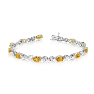 10K White Gold Oval Citrine Stones And Diamonds Tennis Bracelet, 7"