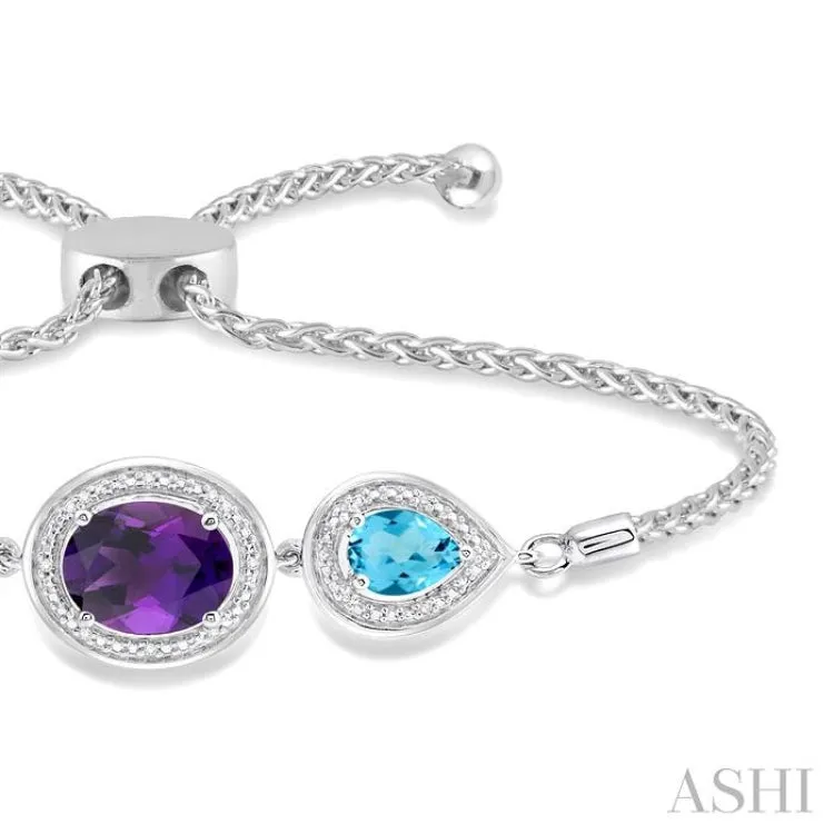 1/20 Ctw Oval 10x8mm Amethyst & Pear Shape 7x5mm Blue Topaz Round Diamond 3Stone Sterling Silver Lariat Bracelet