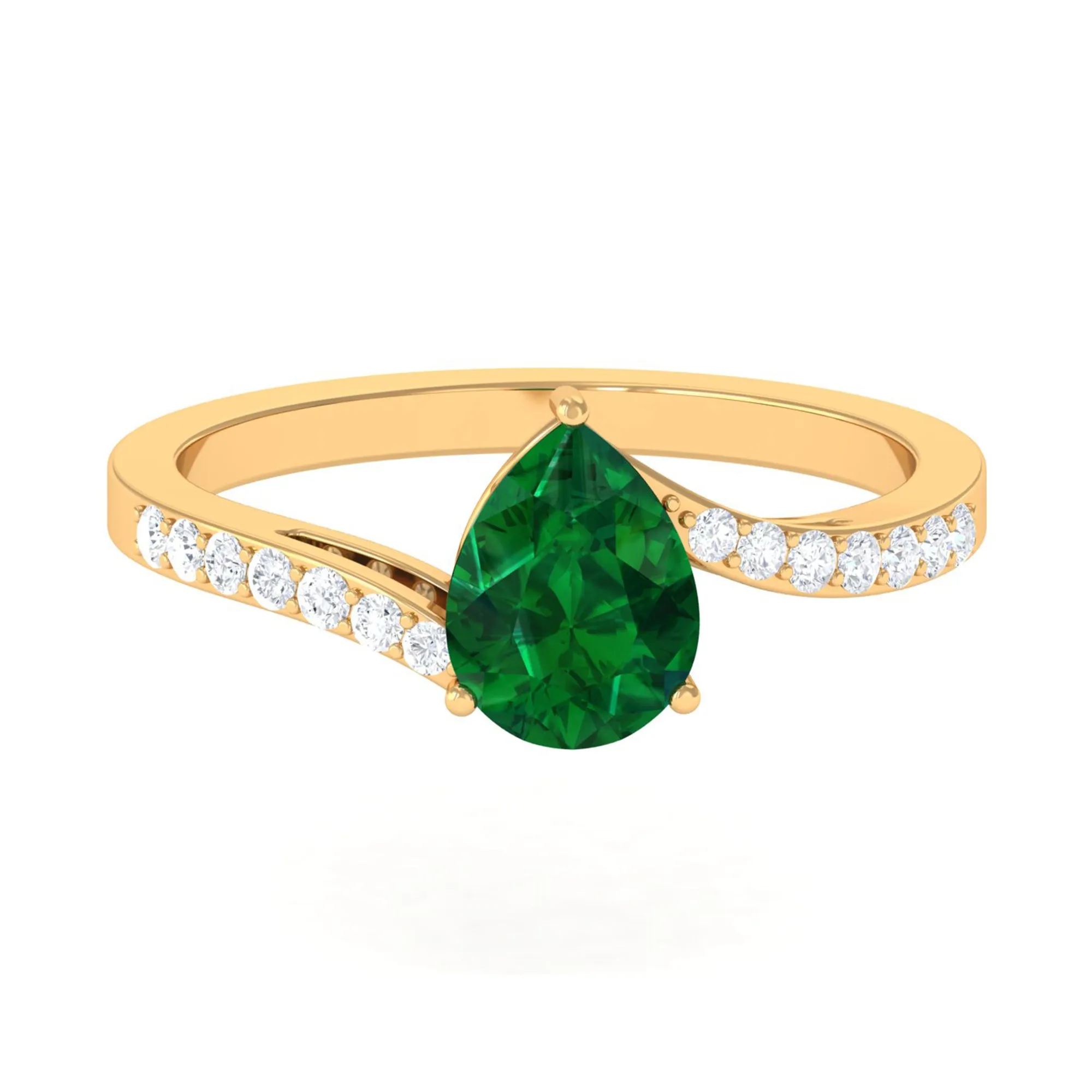 1.25 CT Pear Lab Created Emerald Solitaire Bypass Ring with Diamond