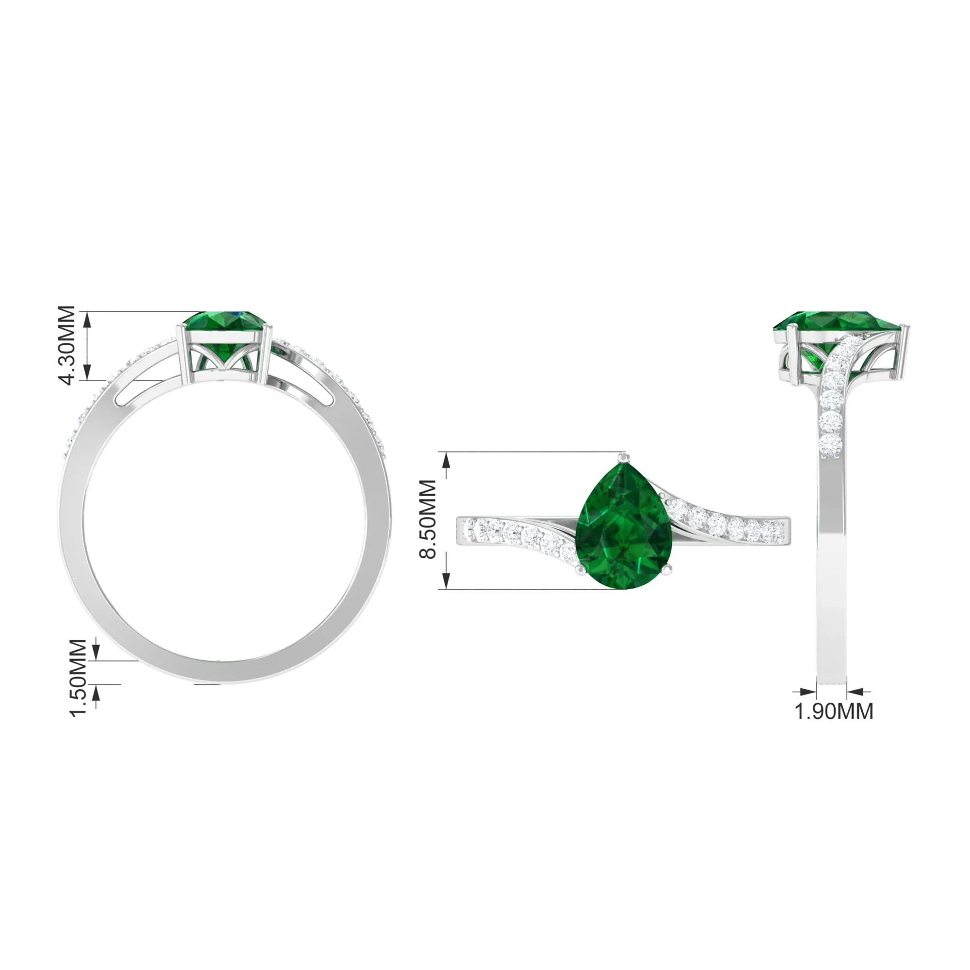 1.25 CT Pear Lab Created Emerald Solitaire Bypass Ring with Diamond