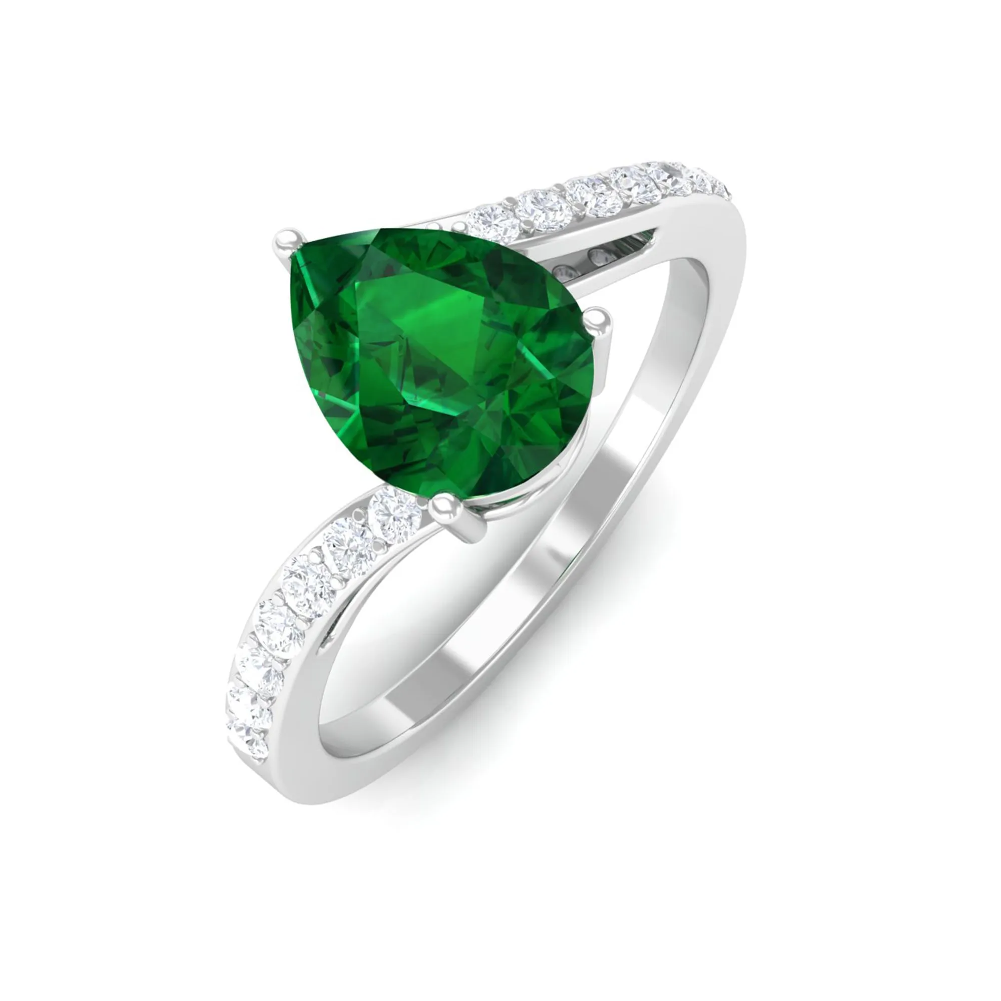 1.25 CT Pear Lab Created Emerald Solitaire Bypass Ring with Diamond