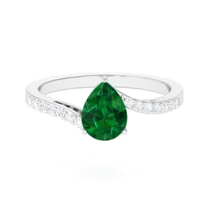 1.25 CT Pear Lab Created Emerald Solitaire Bypass Ring with Diamond