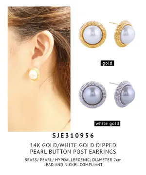 14K Gold Dipped Pearl Button Post Earrings