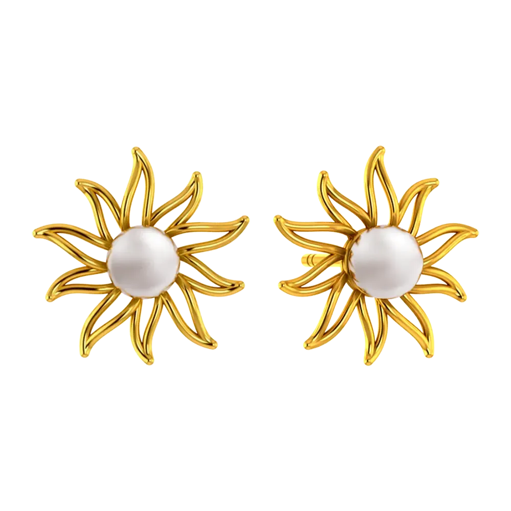 14k Gold Earrings In The Shape Of A Sun With Pearl Design