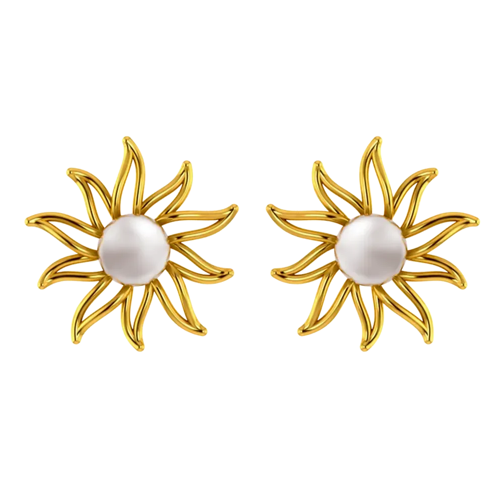 14k Gold Earrings In The Shape Of A Sun With Pearl Design