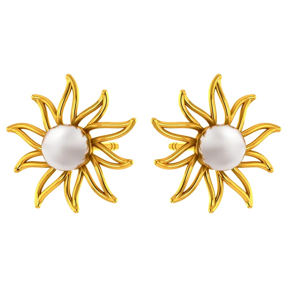 14k Gold Earrings In The Shape Of A Sun With Pearl Design