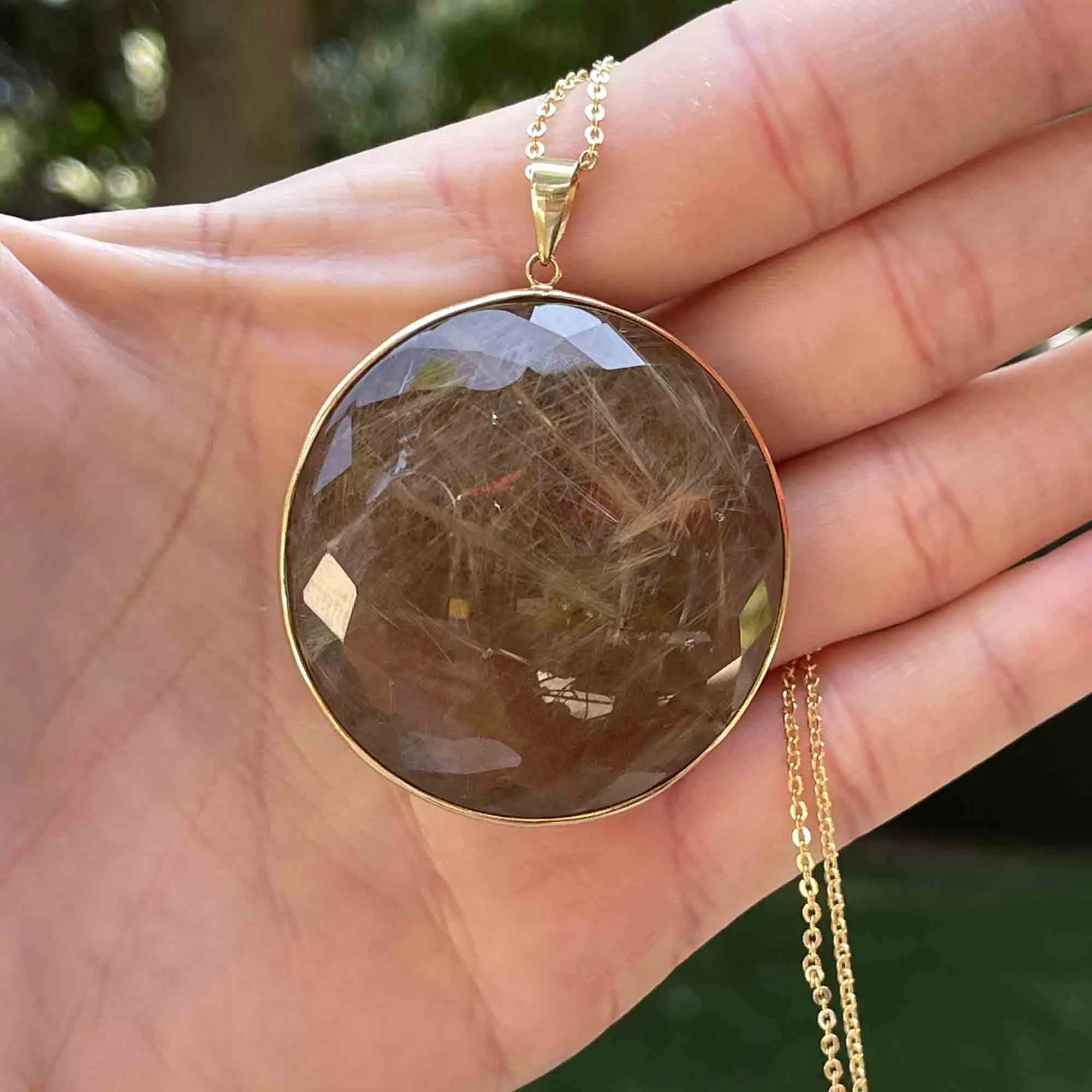 14K Gold Large Rutilated Quartz Pendant Necklace