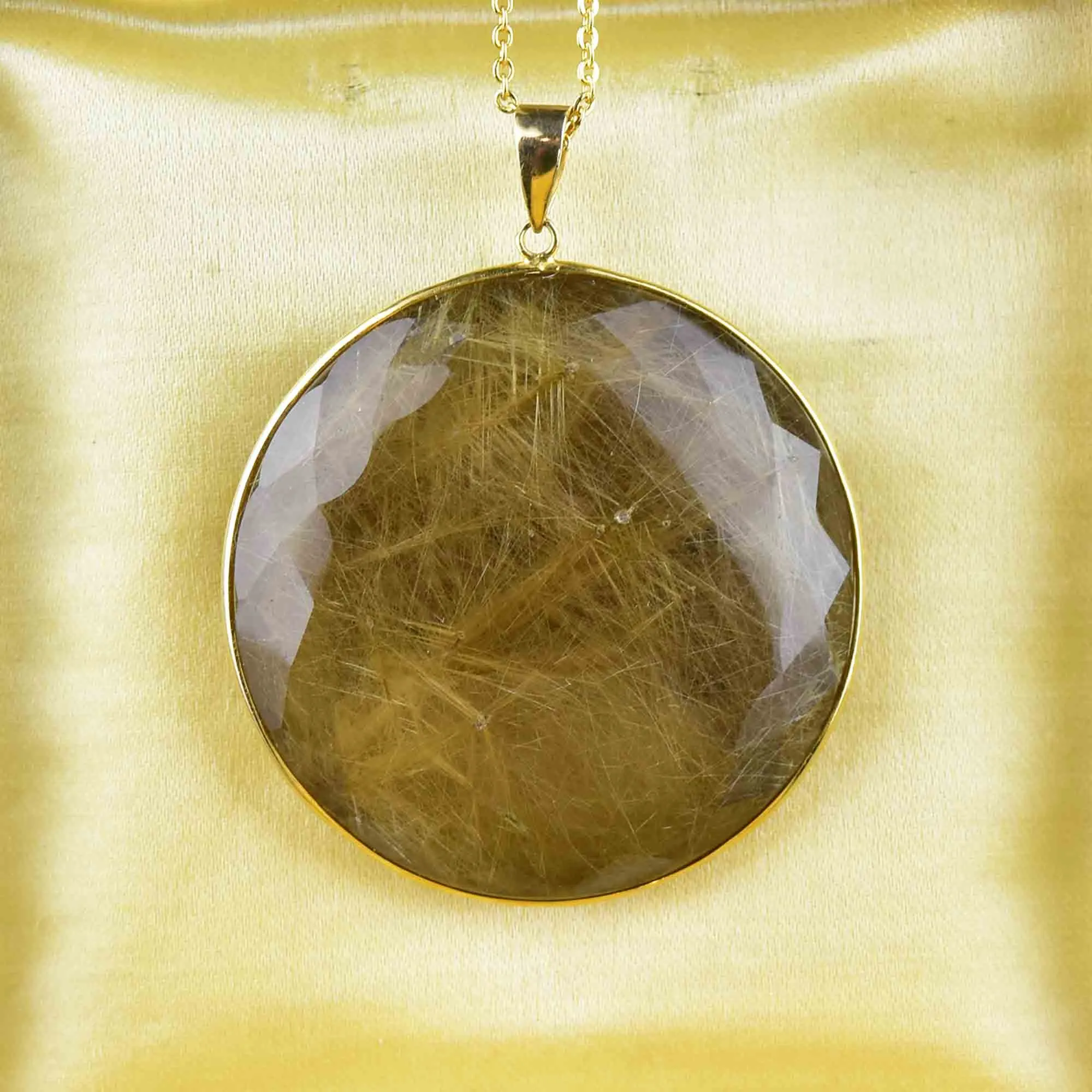 14K Gold Large Rutilated Quartz Pendant Necklace