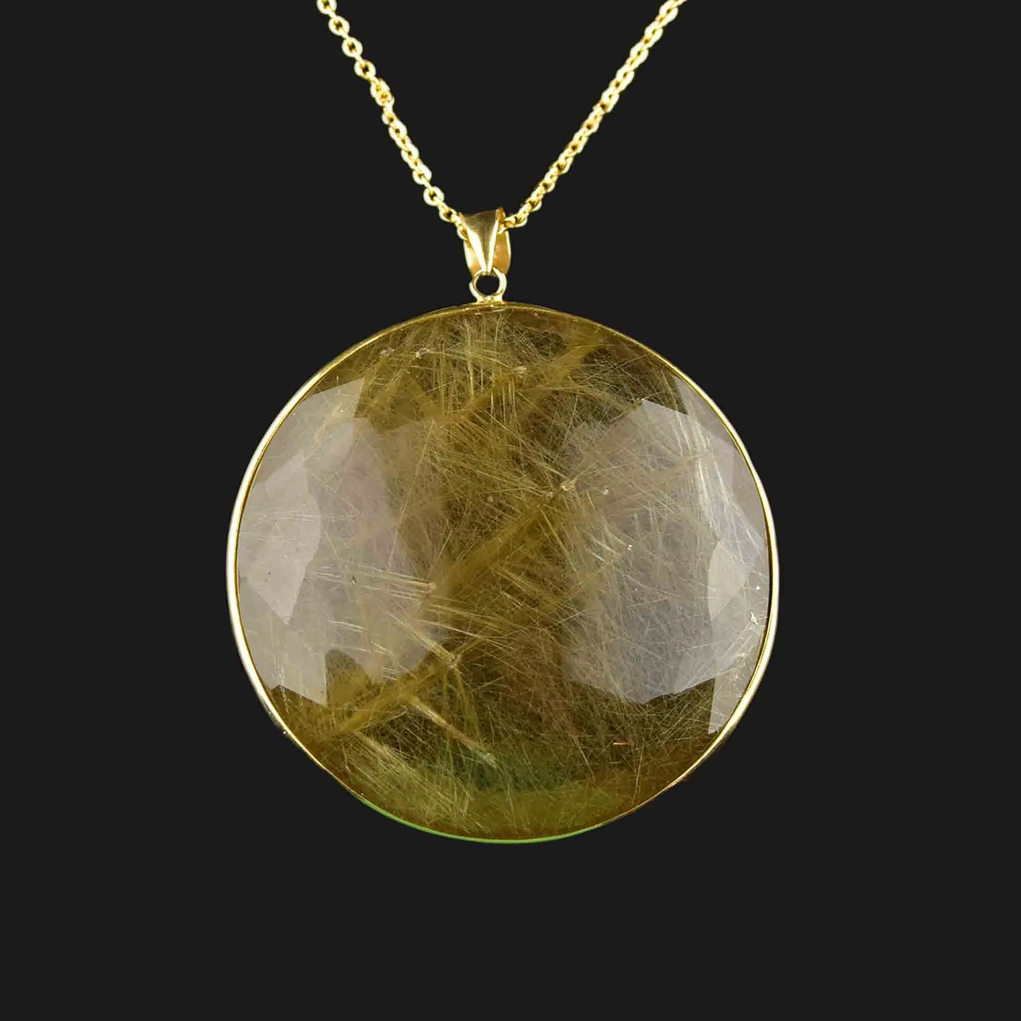 14K Gold Large Rutilated Quartz Pendant Necklace