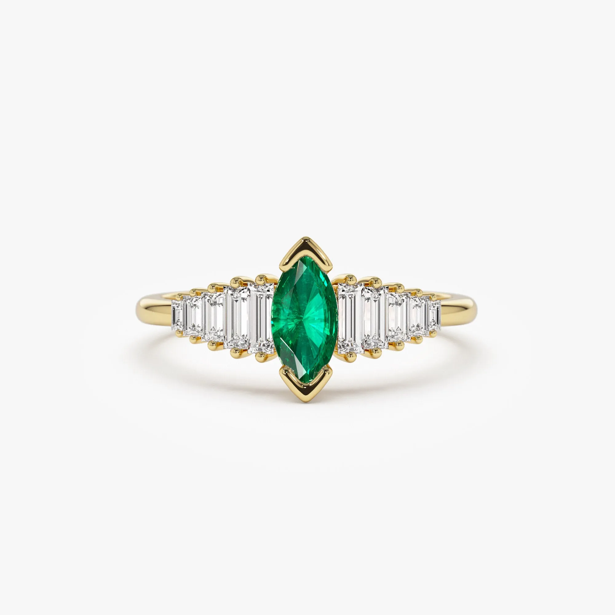 14k Gold Marquise Shape Emerald  Ring with Baguette Accents