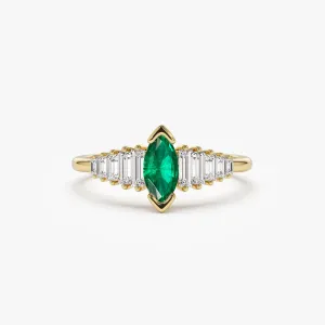 14k Gold Marquise Shape Emerald  Ring with Baguette Accents