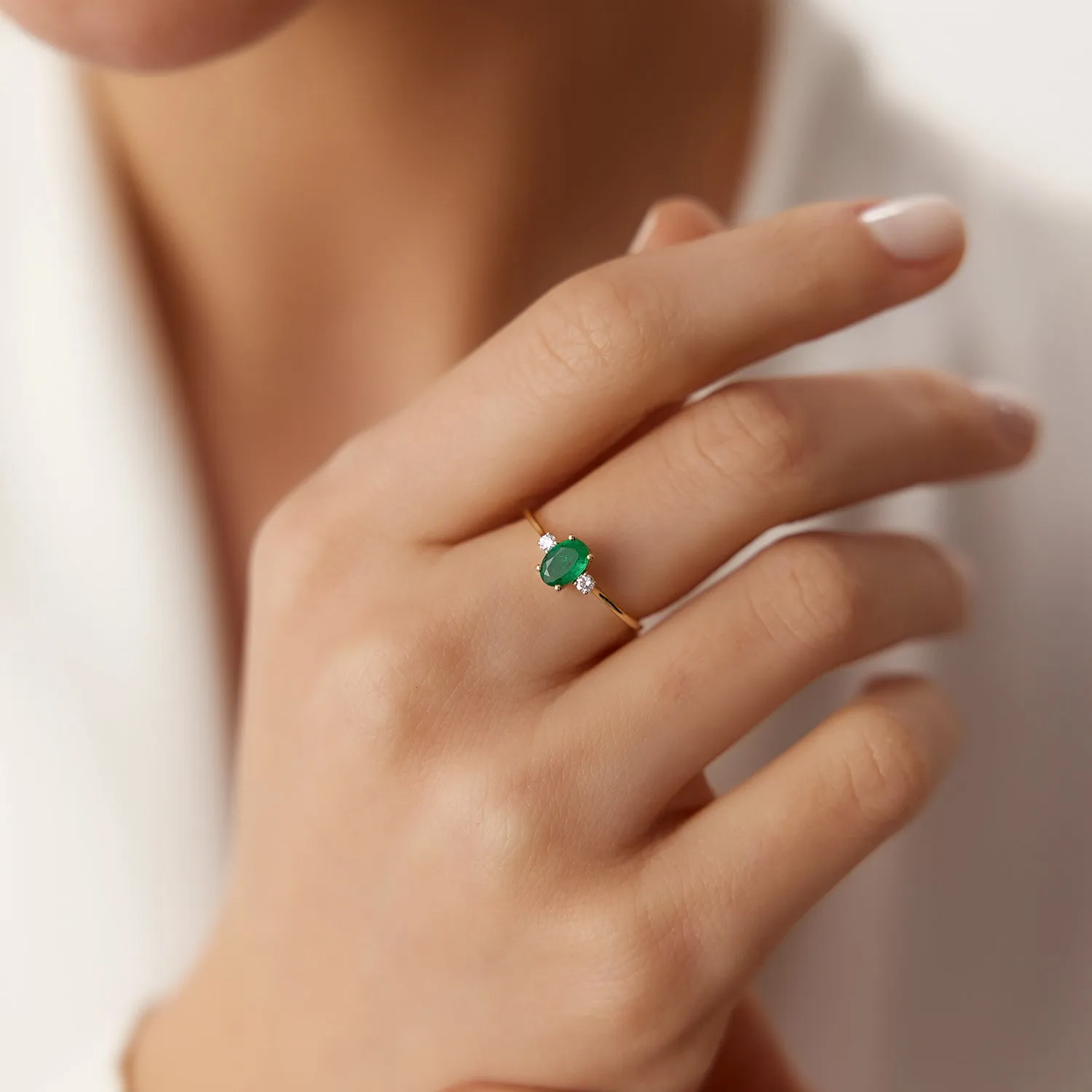 14k Oval Shape Emerald and Diamond 3 Stone Ring