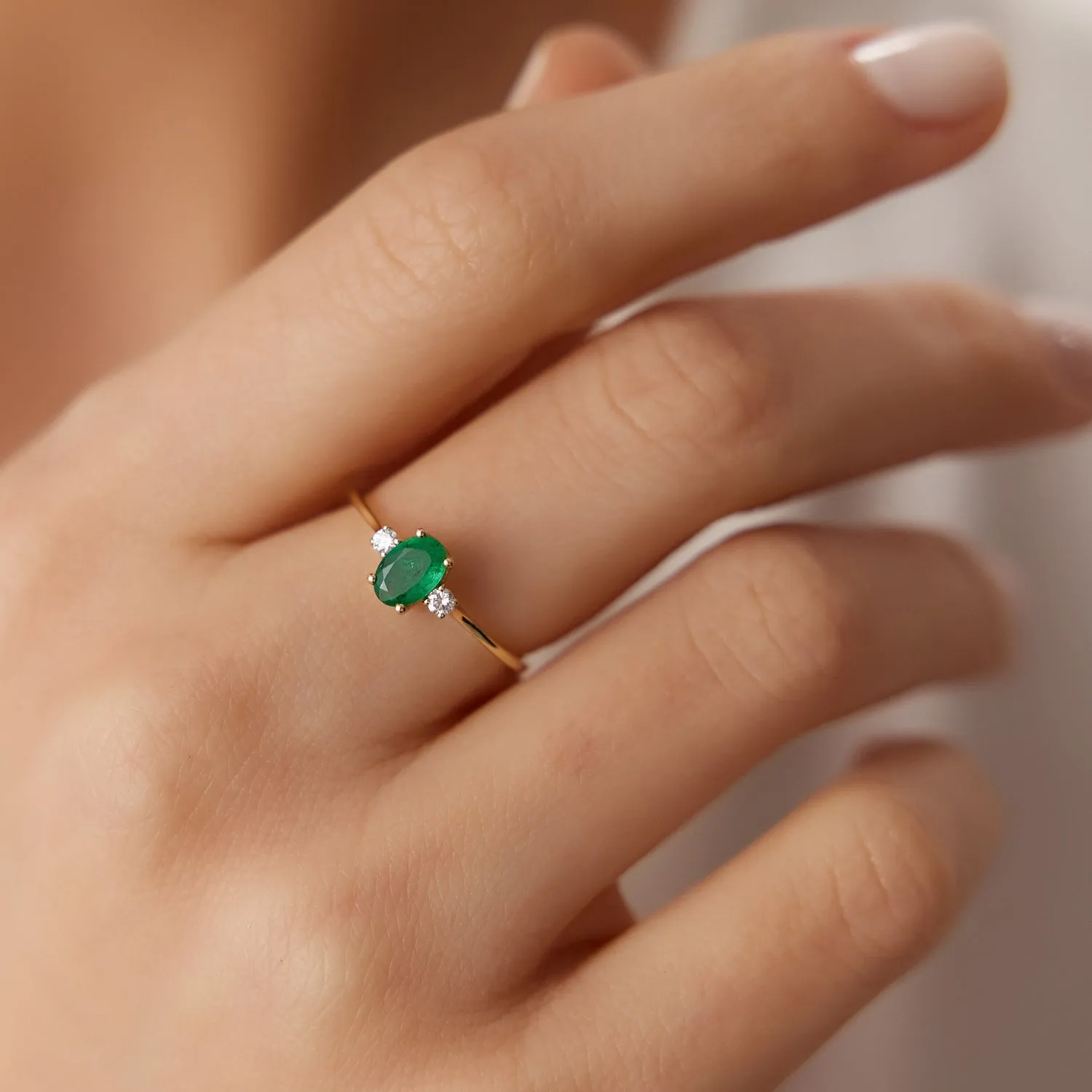 14k Oval Shape Emerald and Diamond 3 Stone Ring