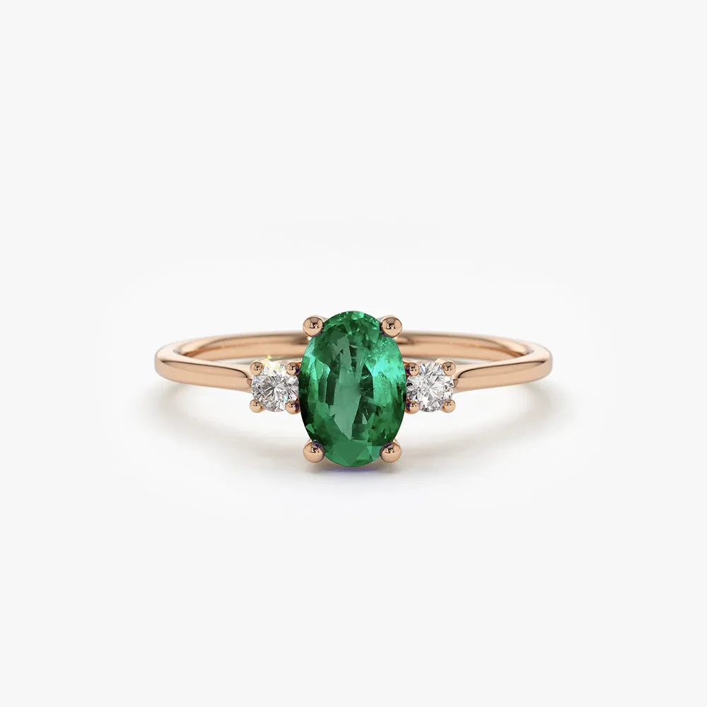 14k Oval Shape Emerald and Diamond 3 Stone Ring