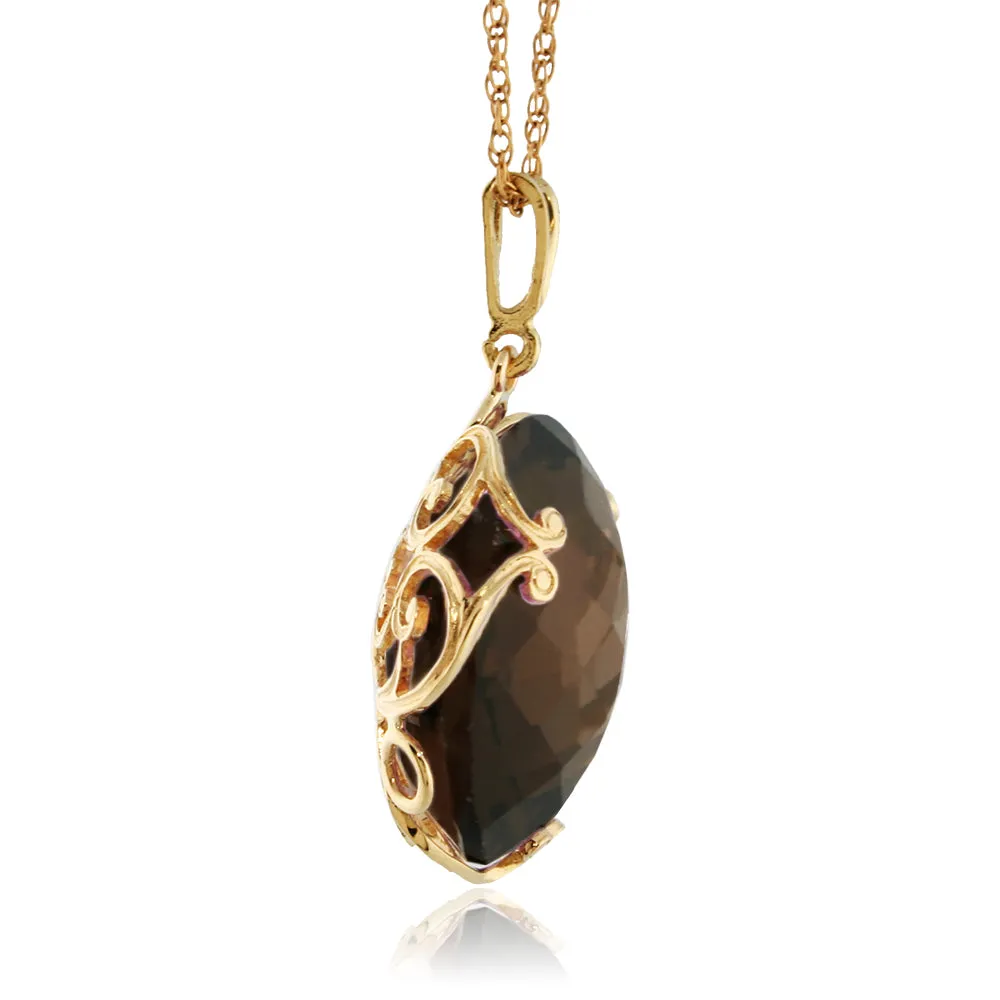 14K Solid Yellow Gold Checkerboard Round Smoky Quartz Necklace