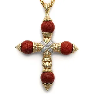 14k Yellow Gold Coral and Diamond Cross Pendant