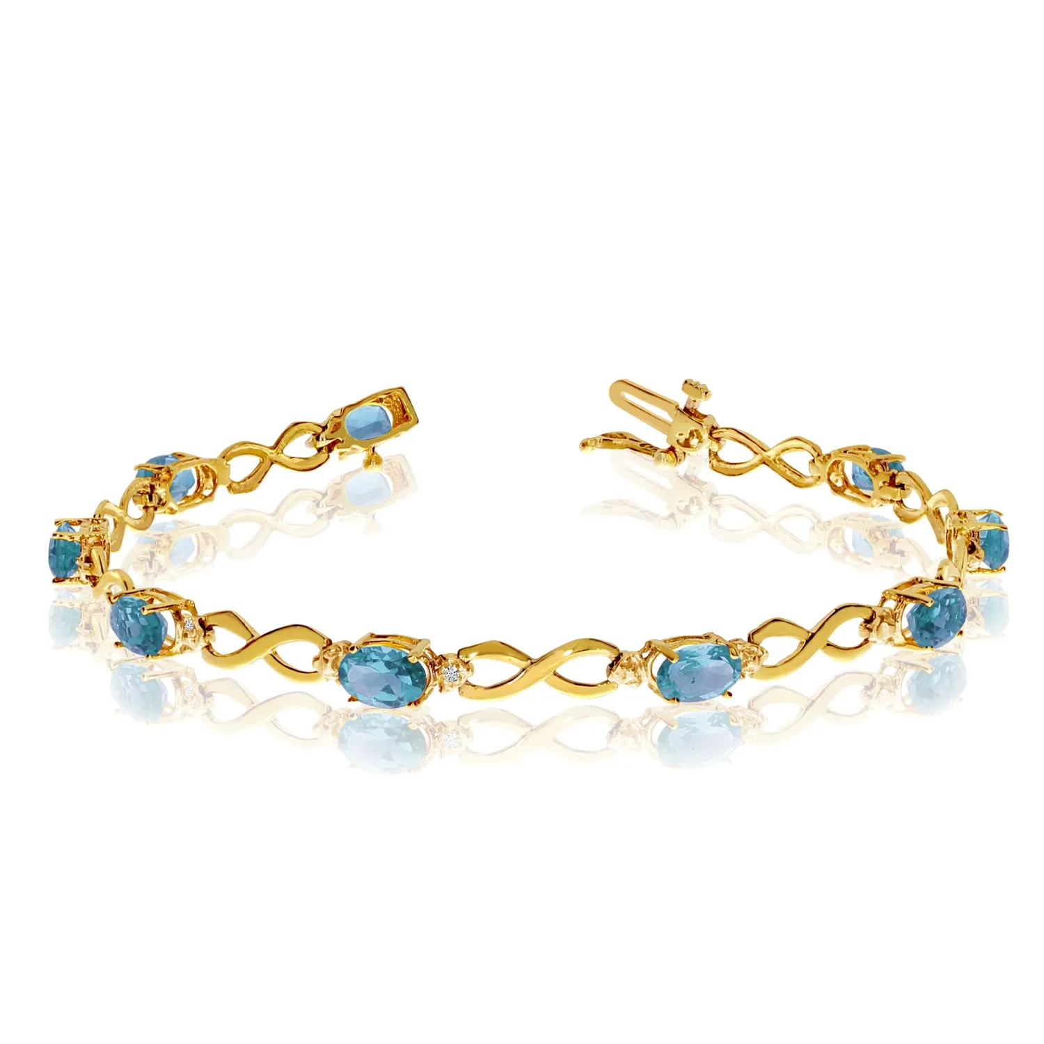 14K Yellow Gold Oval Blue Topaz Stones And Diamonds Infinity Tennis Bracelet, 7"