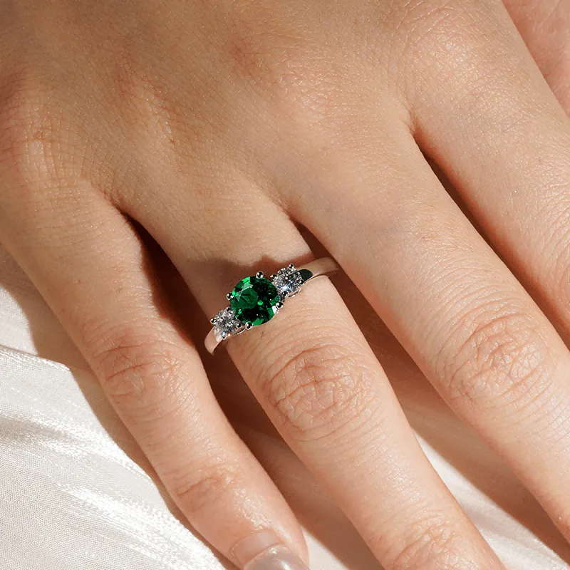 1.5 CT. Classic Three Stone  Emerald and White Sapphire Ring