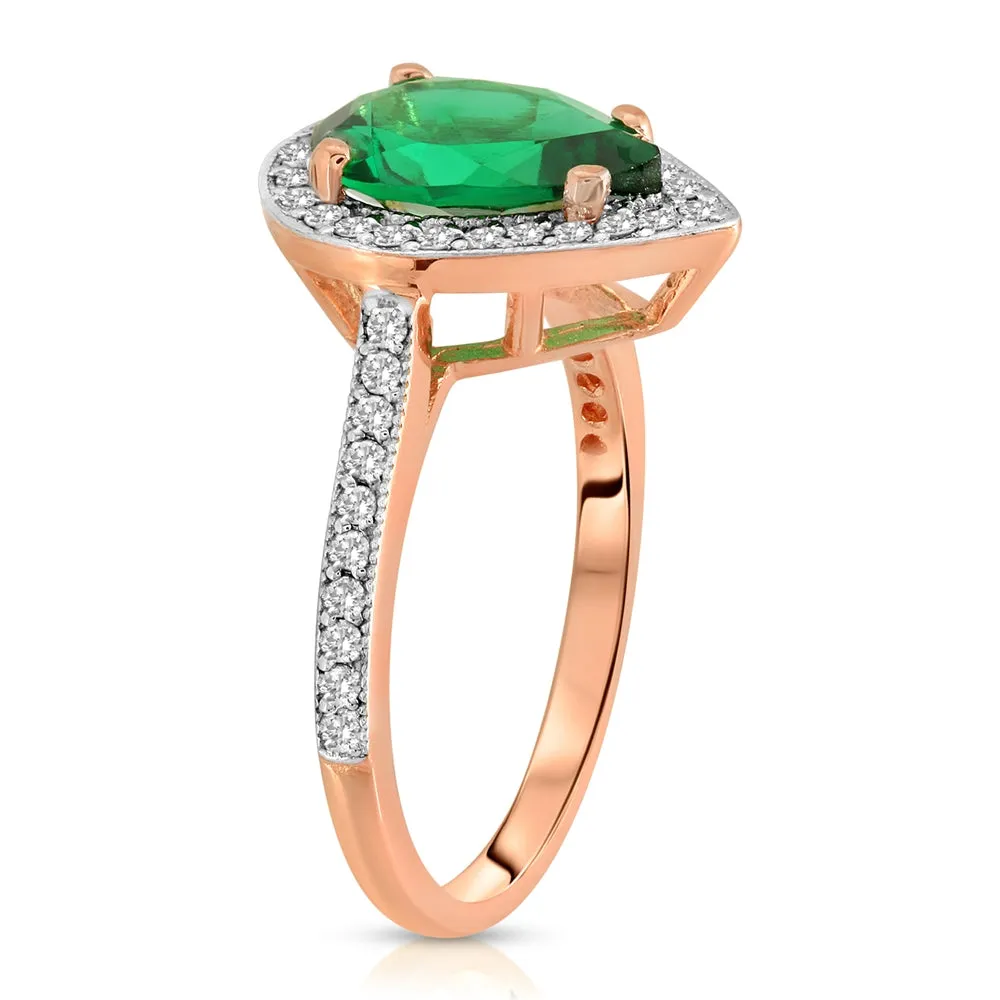 1.69 Carat Total Weight 14K Solid Rose Gold Emerald and Natural Diamond Halo Ring Brilliant Pear Cut Tear Drop Shape Round Diamonds Anniversary Engagement Promise Ring