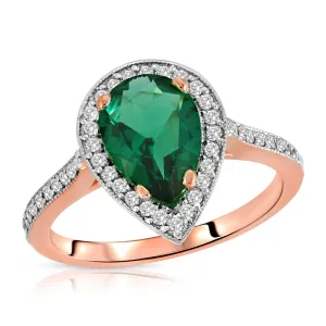 1.69 Carat Total Weight 14K Solid Rose Gold Emerald and Natural Diamond Halo Ring Brilliant Pear Cut Tear Drop Shape Round Diamonds Anniversary Engagement Promise Ring