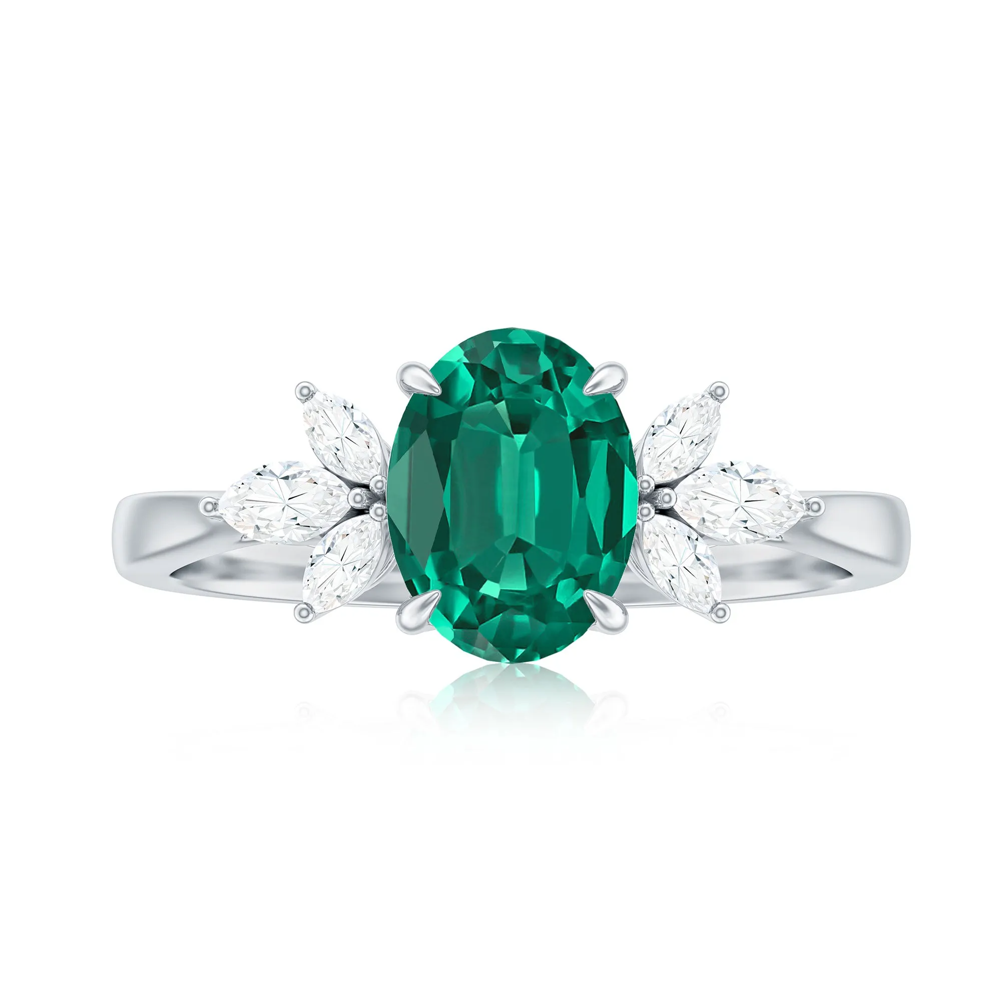 1.75 CT Oval Created Emerald Designer Engagement Ring with Diamond