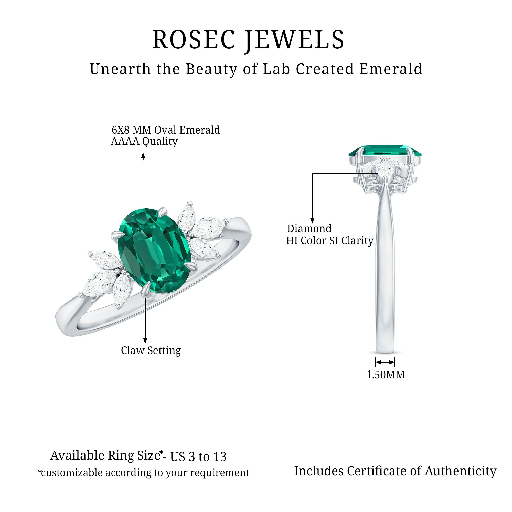 1.75 CT Oval Created Emerald Designer Engagement Ring with Diamond