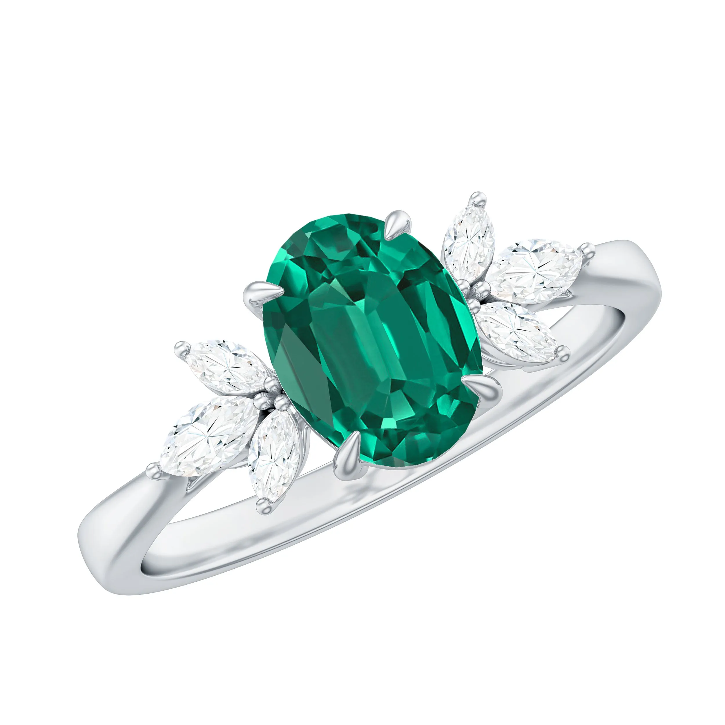 1.75 CT Oval Created Emerald Designer Engagement Ring with Diamond