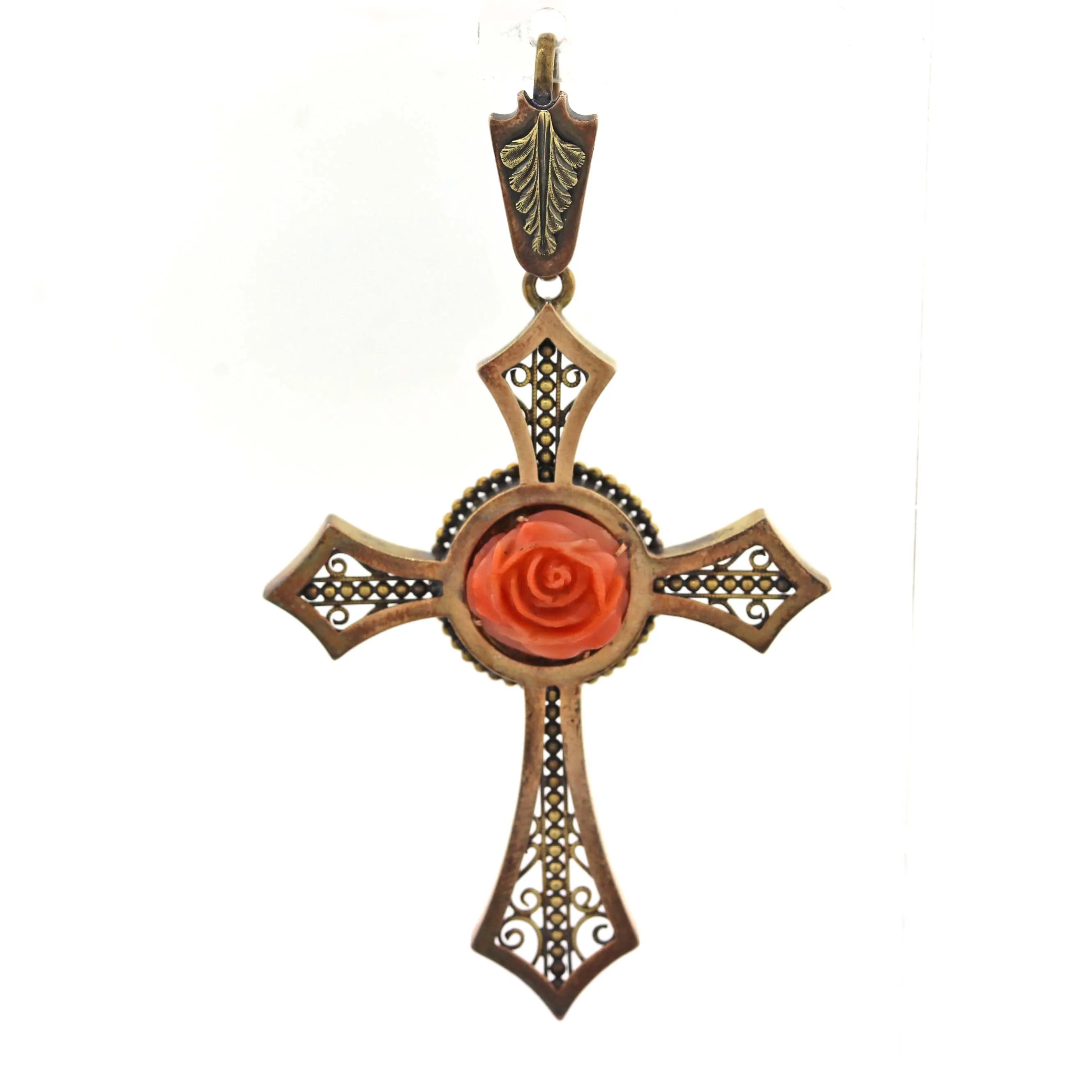 1880's Antique Victorian 14k Yellow Gold Carved Coral Cross