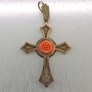 1880's Antique Victorian 14k Yellow Gold Carved Coral Cross