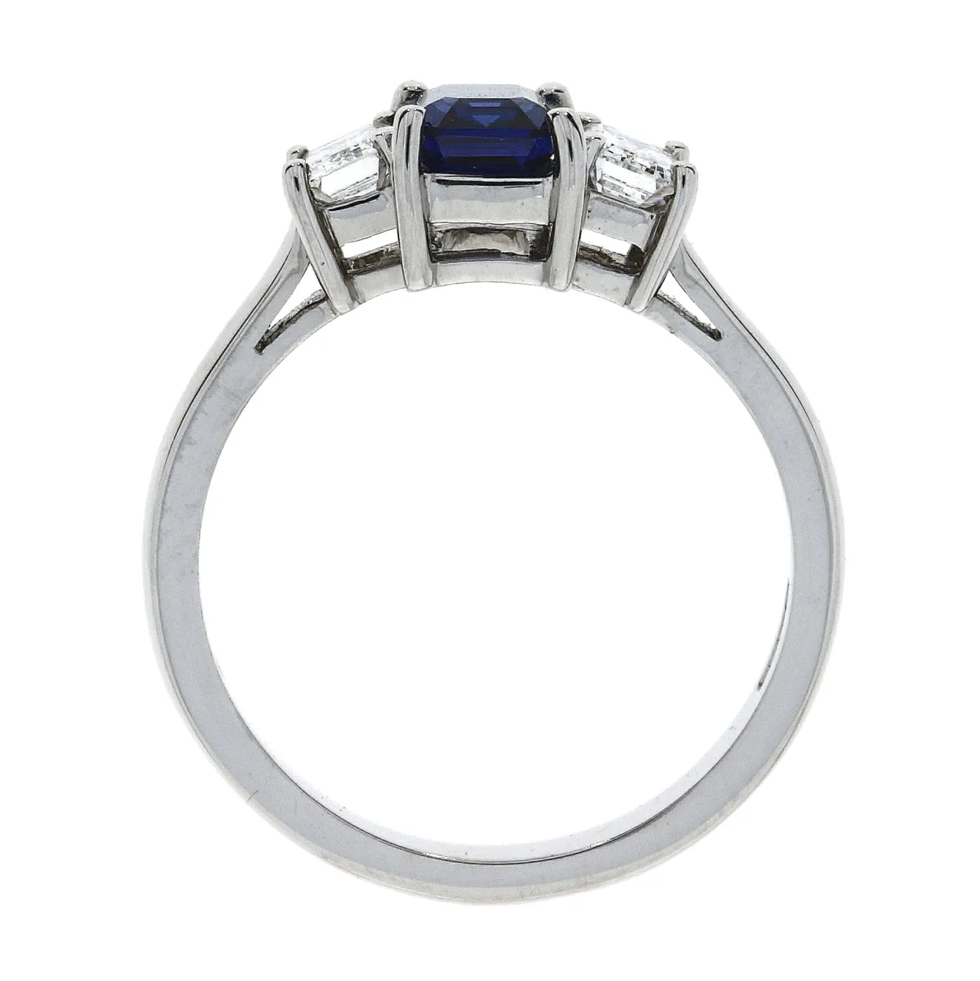 18ct white gold emerald cut sapphire and diamond 3-stone claw set ring