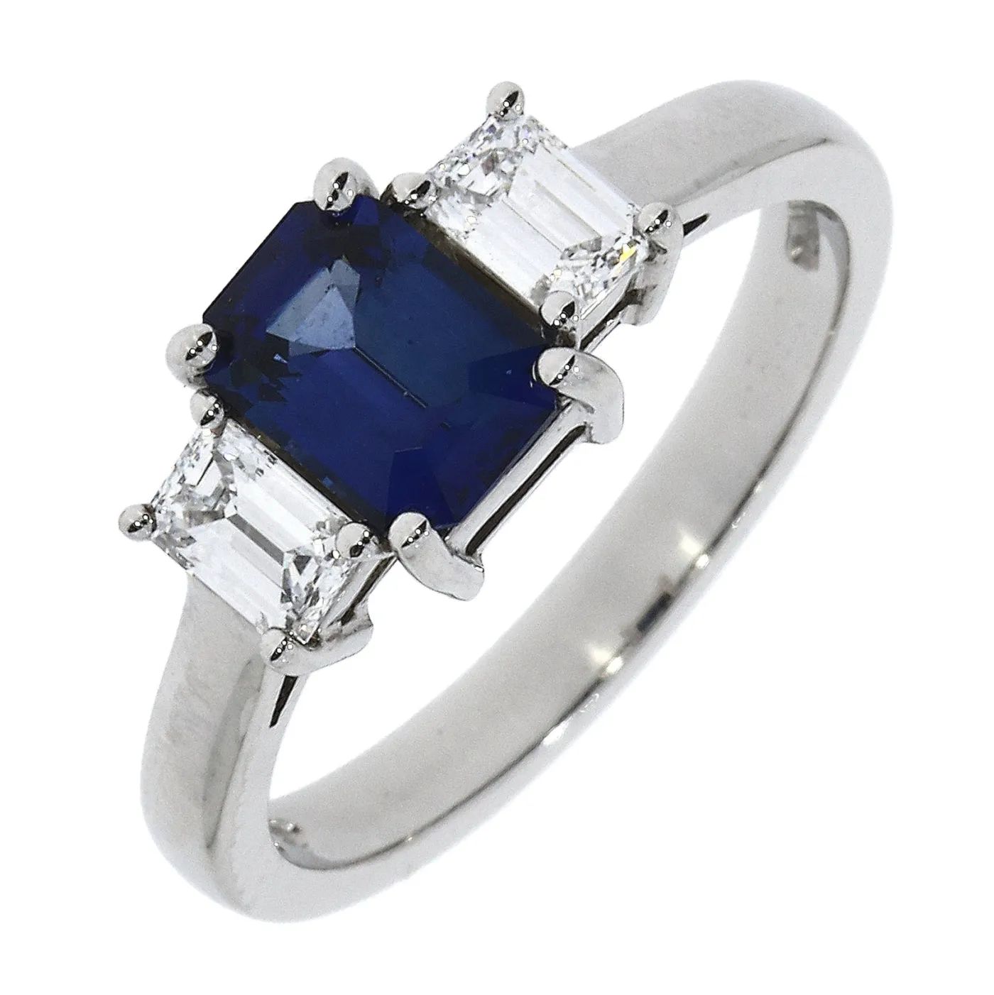 18ct white gold emerald cut sapphire and diamond 3-stone claw set ring