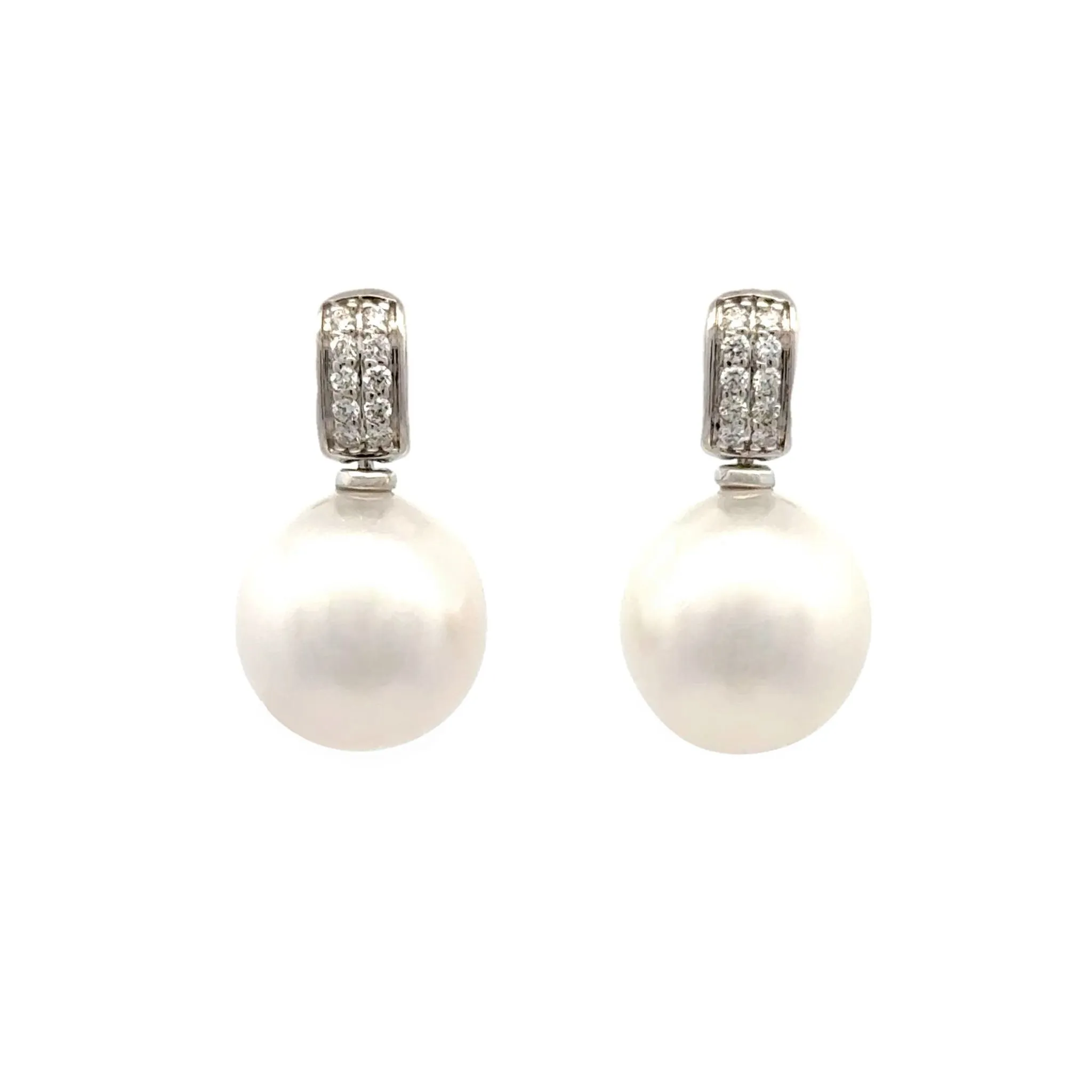 18K White Gold Australian South Sea Cultured 11-12mm Pearl and Diamond Drop Earrings