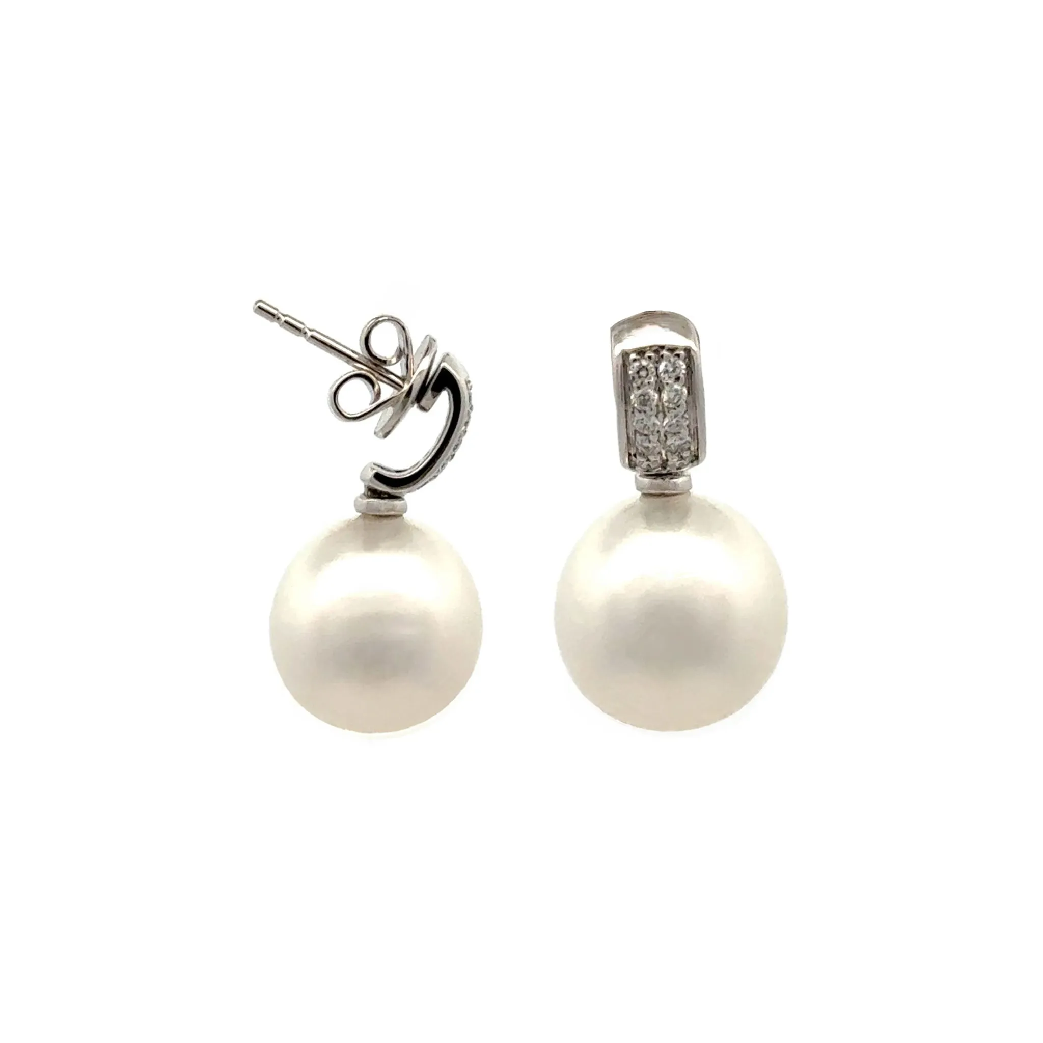 18K White Gold Australian South Sea Cultured 11-12mm Pearl and Diamond Drop Earrings