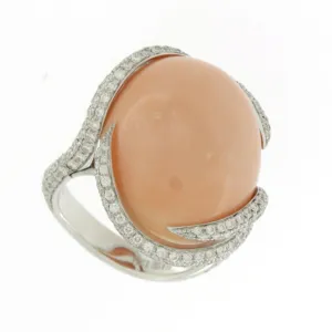 18K White Gold Oval Coral and Diamond Ring