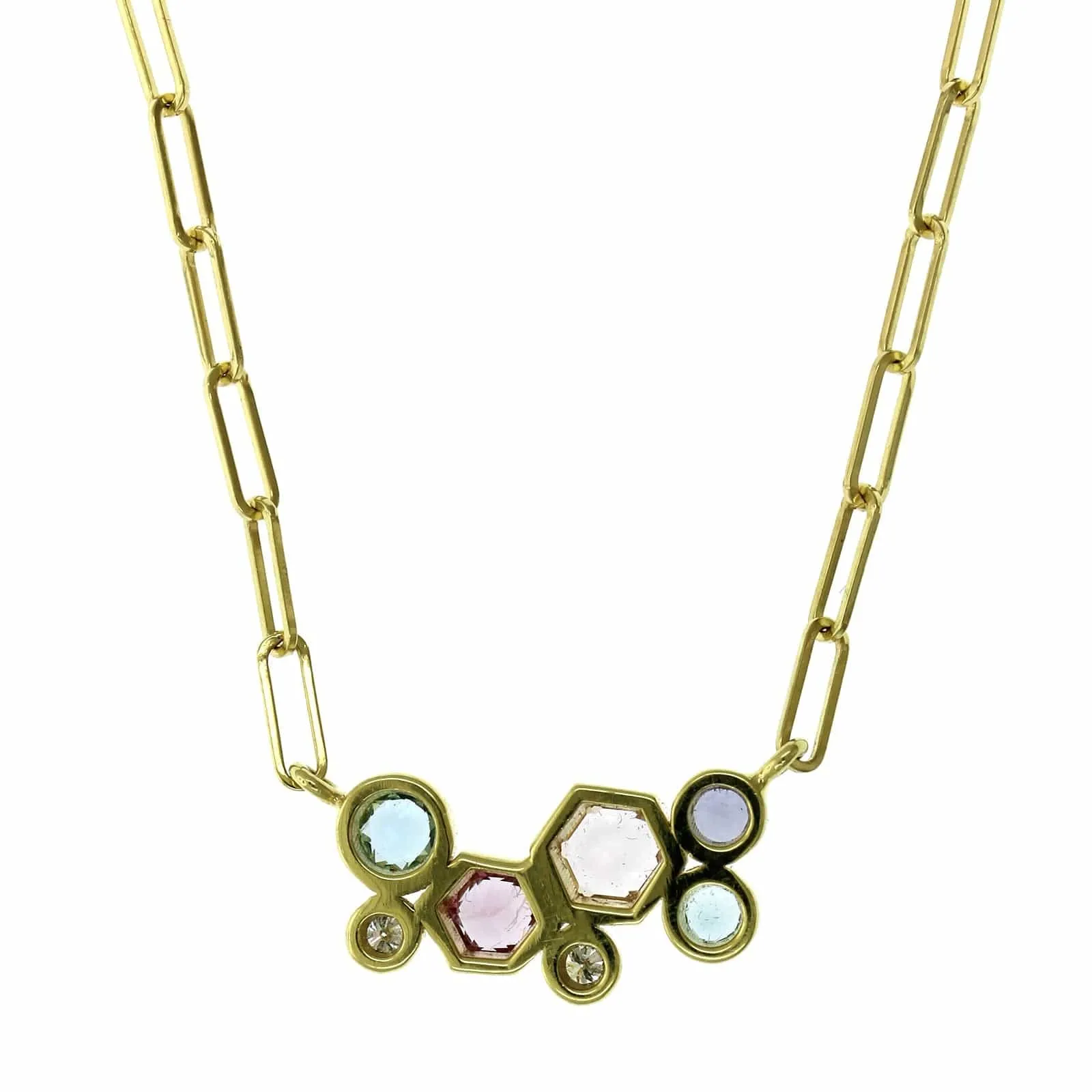 18K Yellow Gold Multi Stone Paperclip Necklace