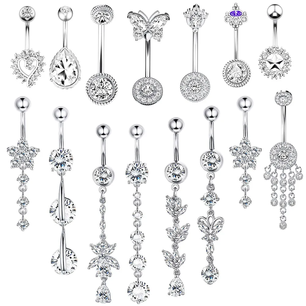 1PCS Crystal Belly Button Ring 14G Butterfly Belly Piercing Ombligo Oreja Steel Long Dangle Flower Navel Rings Sexy Body Jewelry