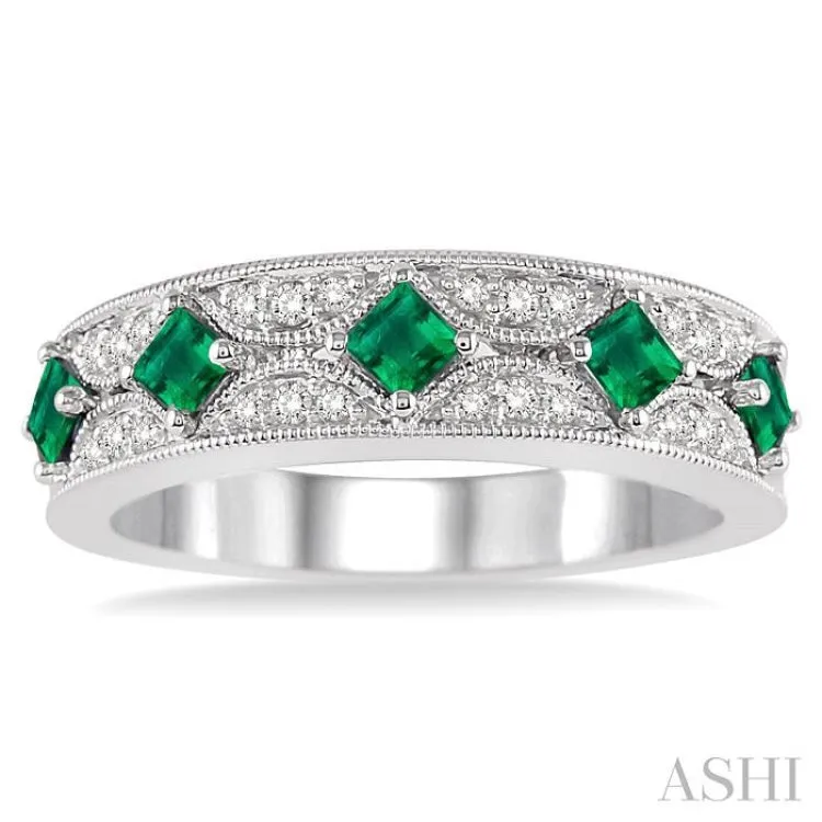 2.5 mm Princess Cut Emerald and 1/6 Ctw Round Cut Diamond Precious Band in 14K White Gold