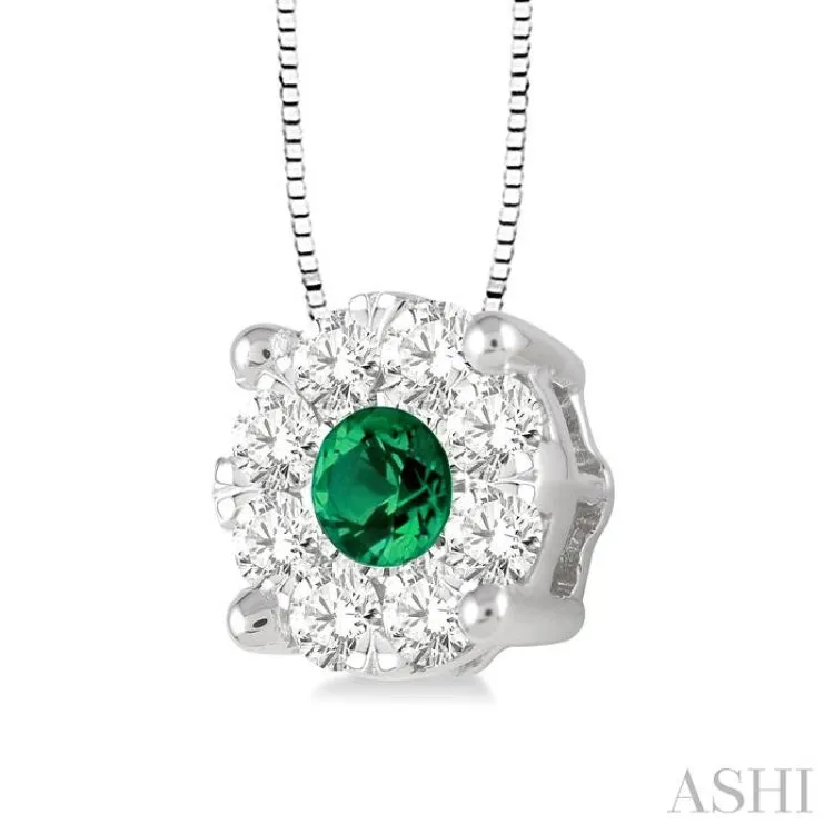 3.8 mm Round Cut Emerald and 1/3 Ctw Lovebright Pendant in 14K White Gold with Chain