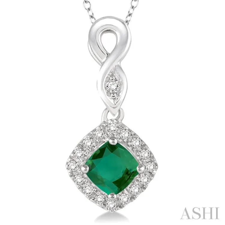 4x4 MM Cushion Cut Emerald and 1/10 Ctw Round Cut Diamond Pendant in 10K White Gold with Chain