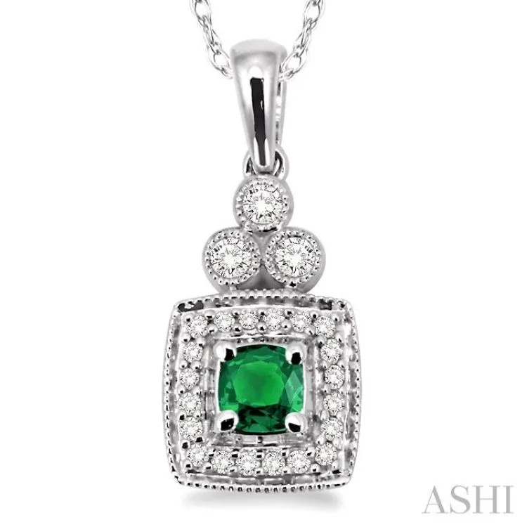 4x4 MM Cushion Shape Emerald and 1/5 Ctw Round Cut Diamond Pendant in 14K White Gold with Chain