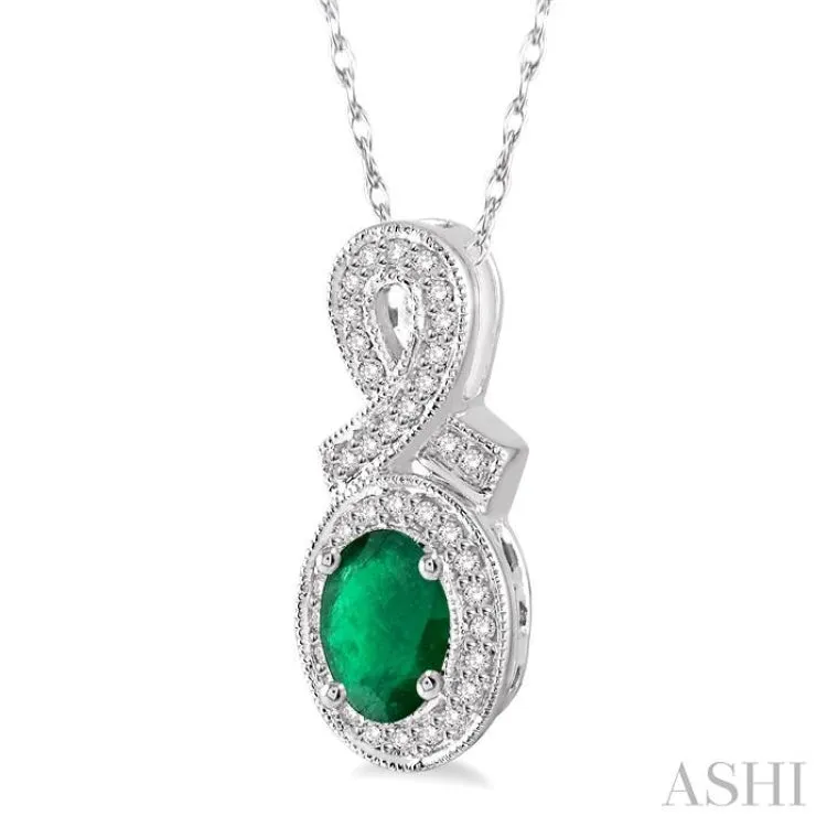 6x4 MM Oval Cut Emerald and 1/5 Ctw Round Cut Diamond Pendant in 14K White Gold with Chain