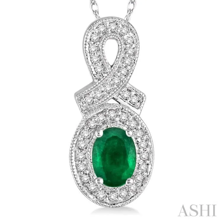 6x4 MM Oval Cut Emerald and 1/5 Ctw Round Cut Diamond Pendant in 14K White Gold with Chain