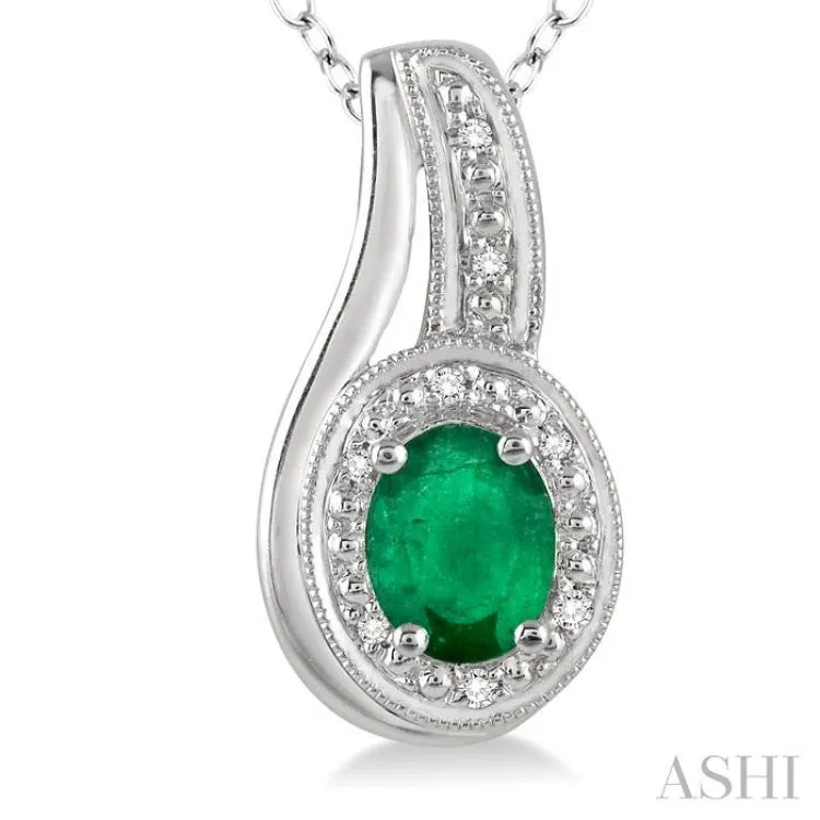 6x4 MM Oval Cut Emerald and 1/50 Ctw Round Cut Diamond Pendant in Sterling Silver with Chain