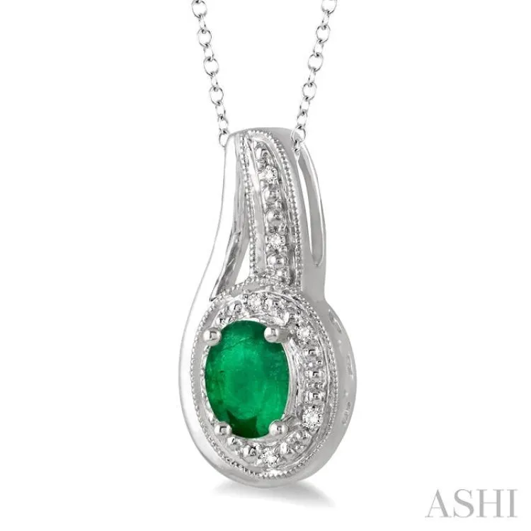 6x4 MM Oval Cut Emerald and 1/50 Ctw Round Cut Diamond Pendant in Sterling Silver with Chain