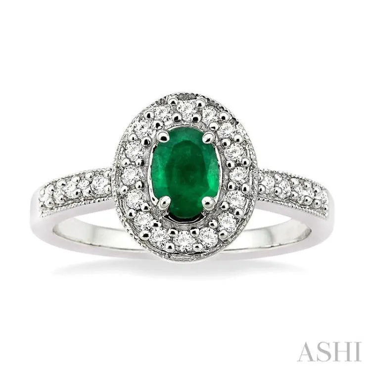 6x4mm Oval Cut Emerald and 1/4 Ctw Round Cut Diamond Ring in 14K White Gold