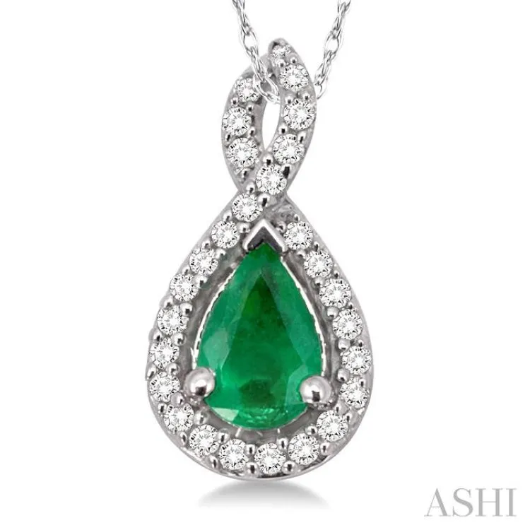 6x4MM Pear Shape Emerald and 1/10 Ctw Round Cut Diamond Pendant in 14K White Gold with Chain