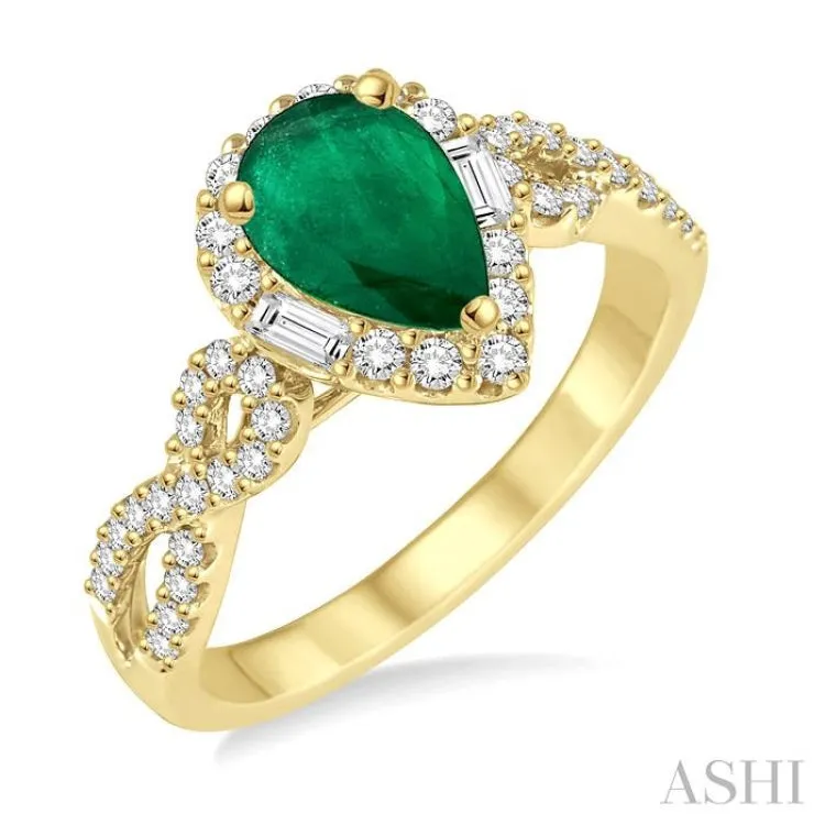 7x5 MM Pear Shape Emerald and 1/2 Ctw Diamond Ring in 14K Yellow Gold